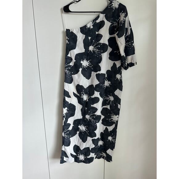 Something Navy Linen One Sleeve Midi Dress Floral Print Size Small Summer Vaca - Picture 11 of 13